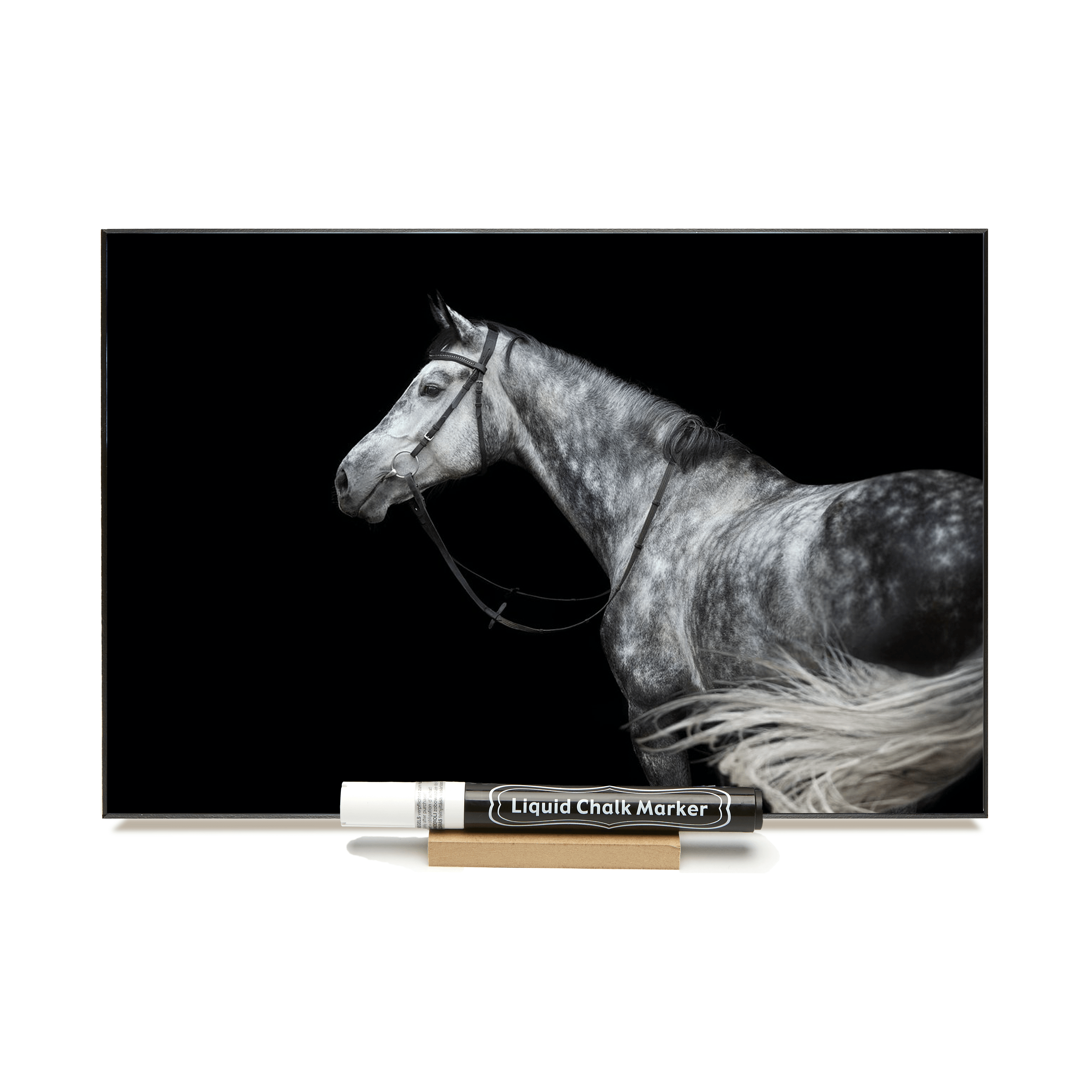 "Black & White Horse"  PHOTO CHALKBOARD  Includes Chalkboard, Chalk Marker & Stand
